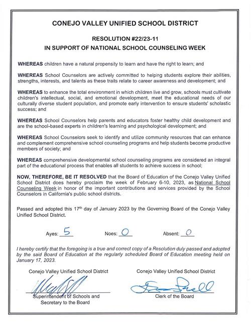 Resolution in Support of National School Counseling Week
